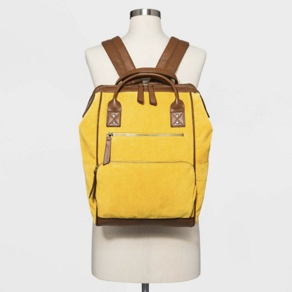 Corduroy Backpack Zip Closure Yellow - Picture 4 of 8